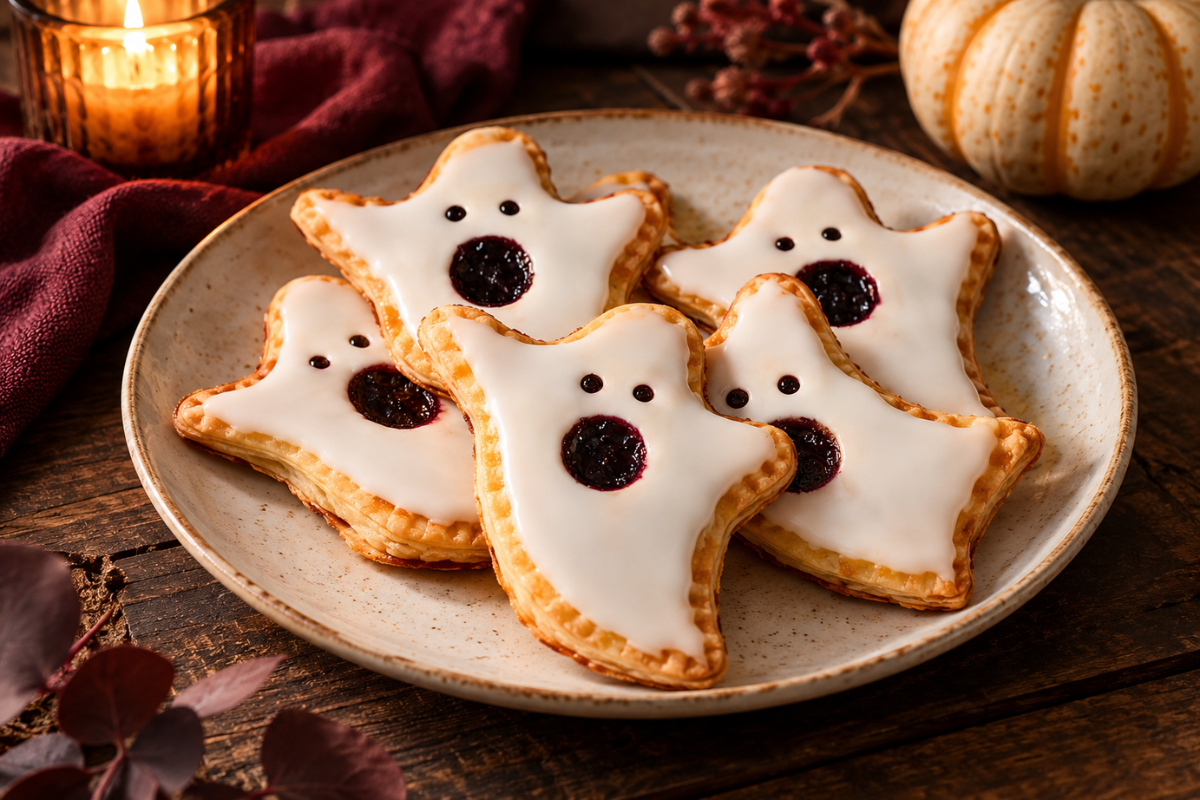 Dulces de hojaldre con forma de fantasma, cubiertos de glaseado blanco y decorados con detalles de relleno oscuro.