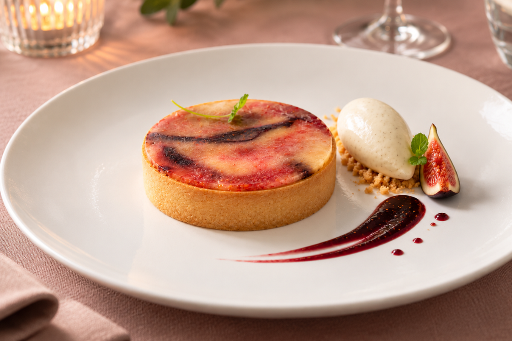 An individual tartlet topped with fruit, served with ice cream, fresh figs, and a dark sauce, presented in a high-end pastry style.