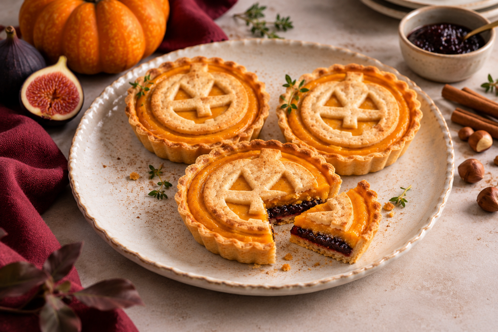 Tres tartaletas de crema de calabaza con decoración de Halloween y una capa de mermelada de higo negro en su interior.